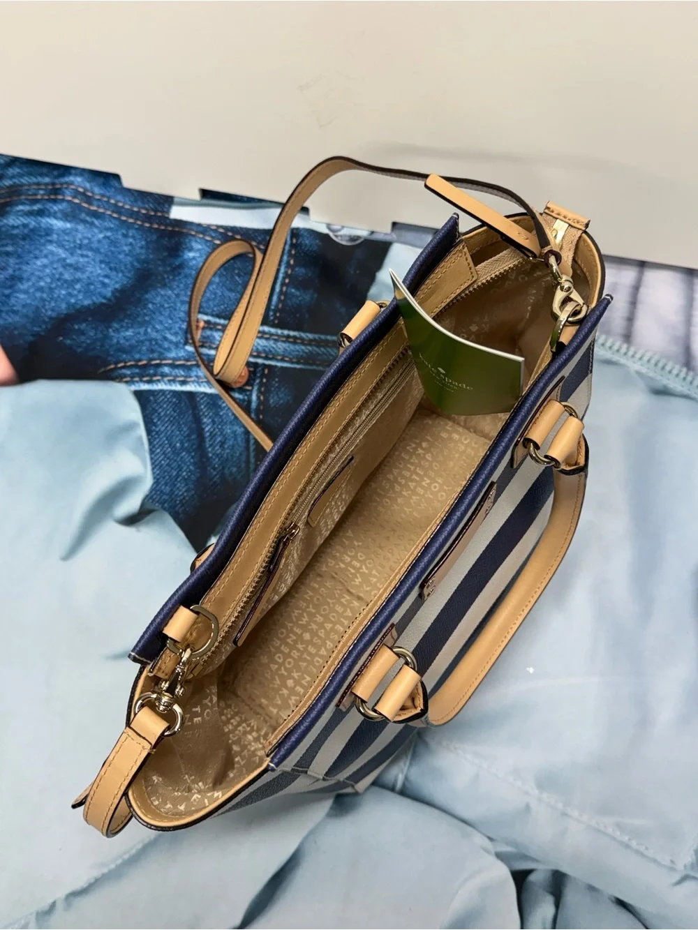 (new+card) Kate Spade Rare Leather Satchel Navy and White Striped Tan Trim